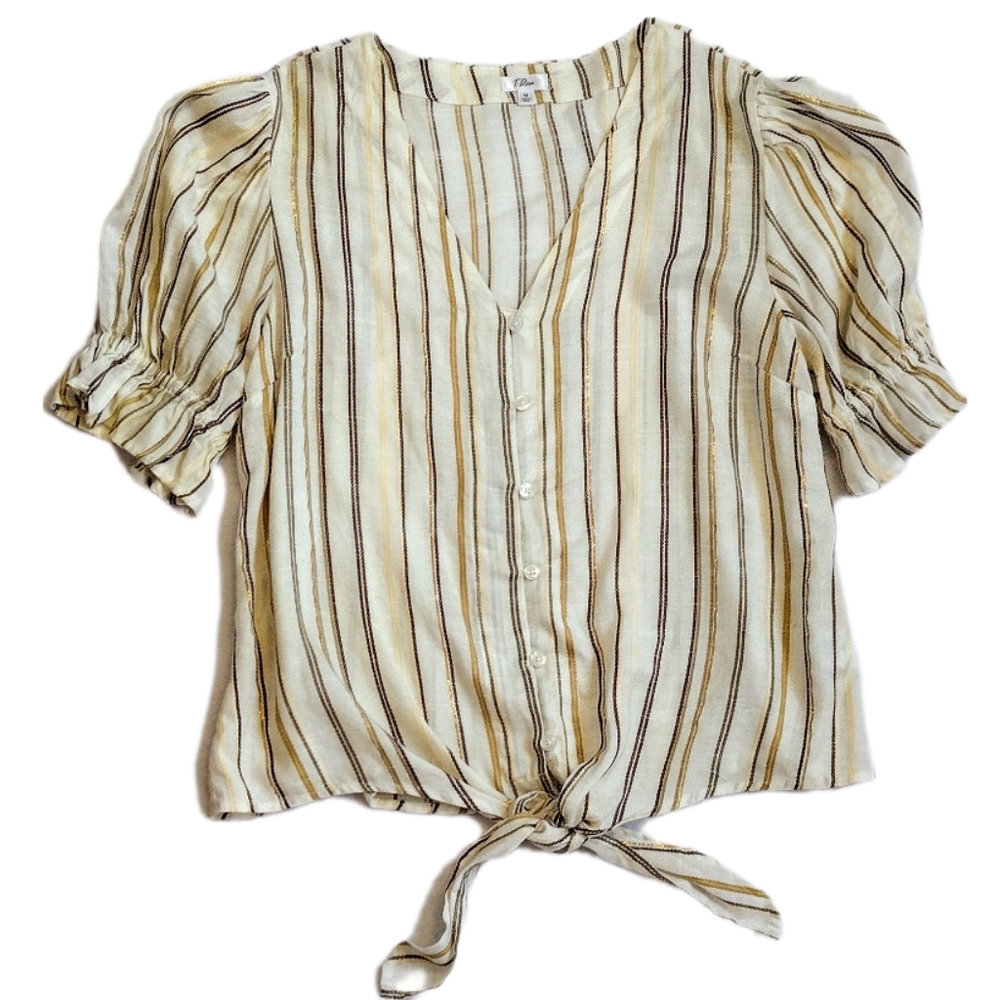 Striped V-Neck Puffed Sleeve Crop Top